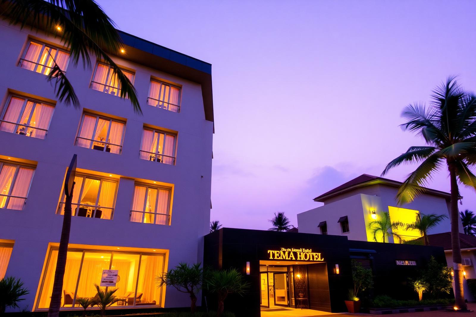 Hotel exterior at dusk