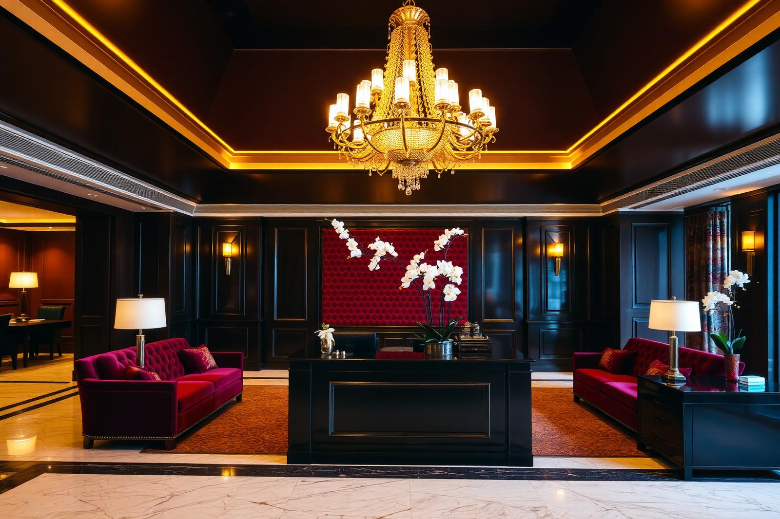 Elegant lobby of La Chambre De Pat Hotel with burgundy velvet sofas and gold chandelier